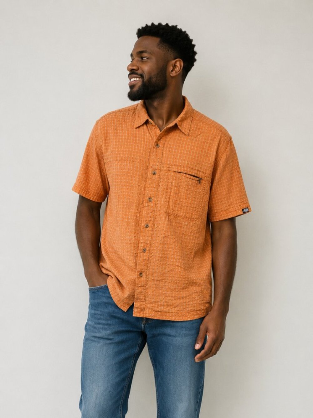 The North Face Men's Orange Plaid Short Sleeve Button-Up Shirt Size Medium